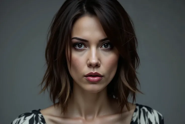 close up image of woman looking directly and intensely into the camera, her head slightly tilted down, intimidating, mischievous little smirk, piercing eyes, concrete background