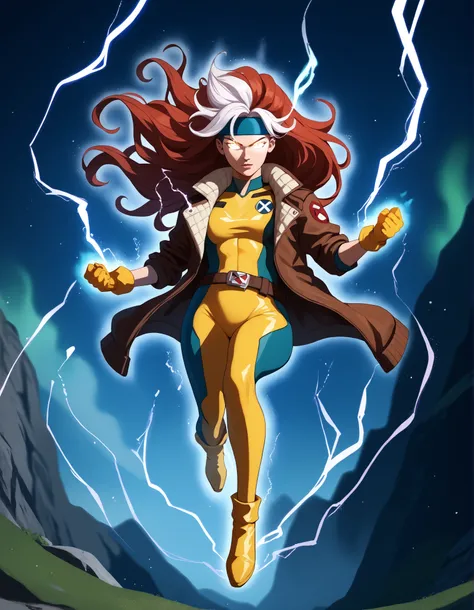 score_9, score_8_up, score_7_up, source_anime, 1girl, solo, DEFrogue, long hair, dyed bangs, headband, bodysuit, jacket, yellow gloves, belt, cr4ckl3, electricity, glowing eyes, whiteglow, outdoors, floating, full body, aura energy, UltraInstInctAura, aura...