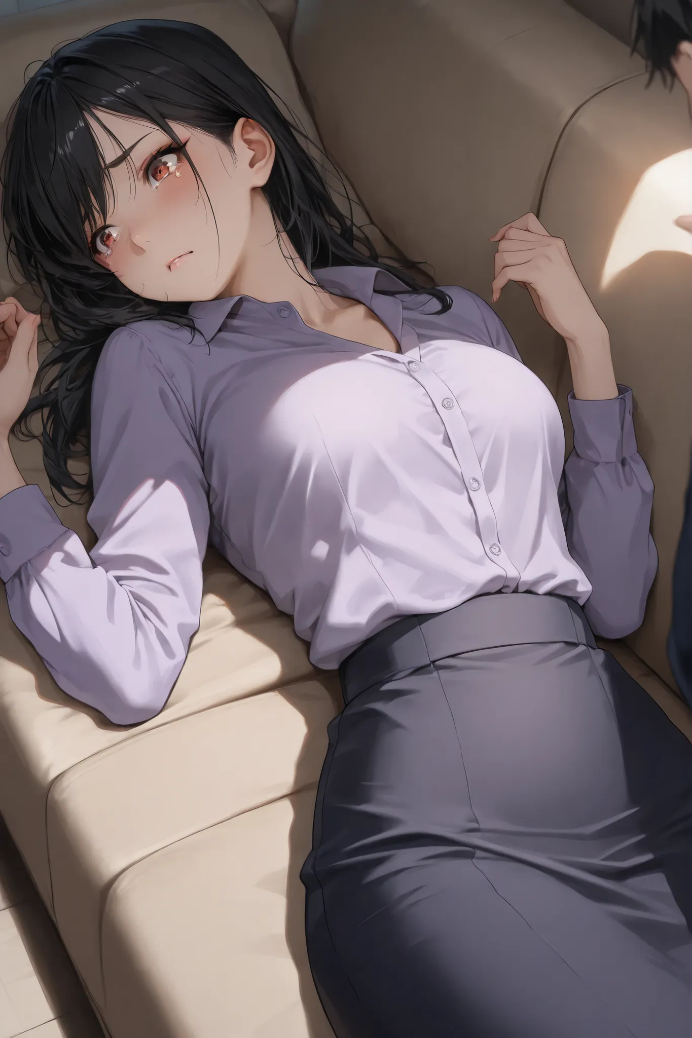1girl, very cute face, cute girl, solo, short black hair, shiny hair, side-swept bangs, natural makeup, beautiful, cute, office lady, fashionable business suit, navy suit, lavender blouse, skirt suit, meeting room, lying on back, on sofa, (1boy, collapsed ...