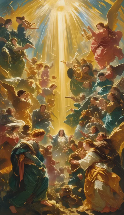 el greco, Angels and the Virgin Mary, clear sky, mystery, bands of light rising to the heavens, angels playing music
