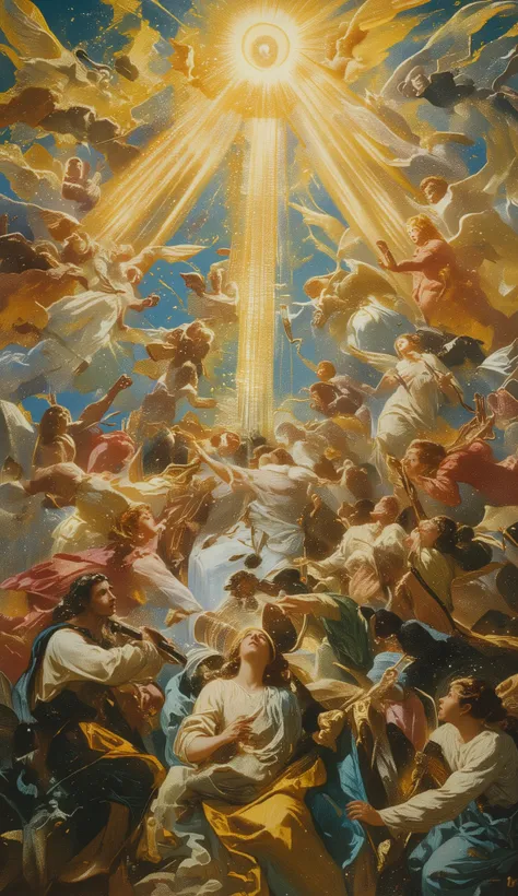 el greco, Angels and the Virgin Mary, clear sky, mystery, bands of light rising to the heavens, angels playing music
