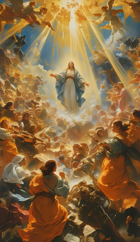 el greco, Angels and the Virgin Mary, clear sky, mystery, bands of light rising to the heavens, angels playing music