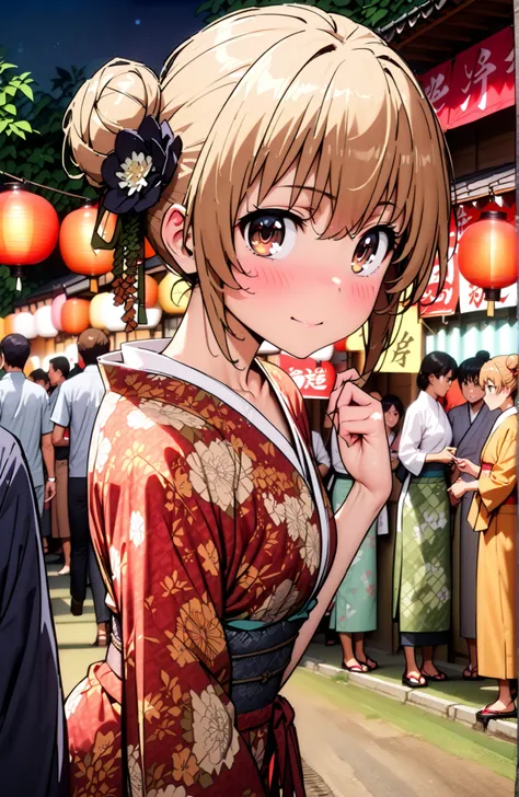 Aisaka Taiga, brown hair, brown eyes in the bedroom,side lock,single bun hair,Nape,flower hair ornament with ears,Black flower pattern kimono,smile,blush,mouth,standing,Light up fireworks,Red Lantern,Japanese stalls ,night,crowd,Beautiful Scenery,full body...