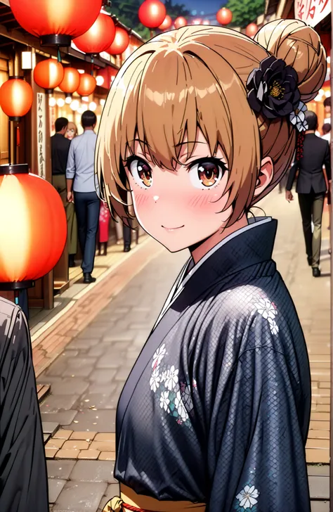 Aisaka Taiga, brown hair, brown eyes in the bedroom,side lock,single bun hair,Nape,flower hair ornament with ears,Black flower pattern kimono,smile,blush,mouth,standing,Light up fireworks,Red Lantern,Japanese stalls ,night,crowd,Beautiful Scenery,full body...