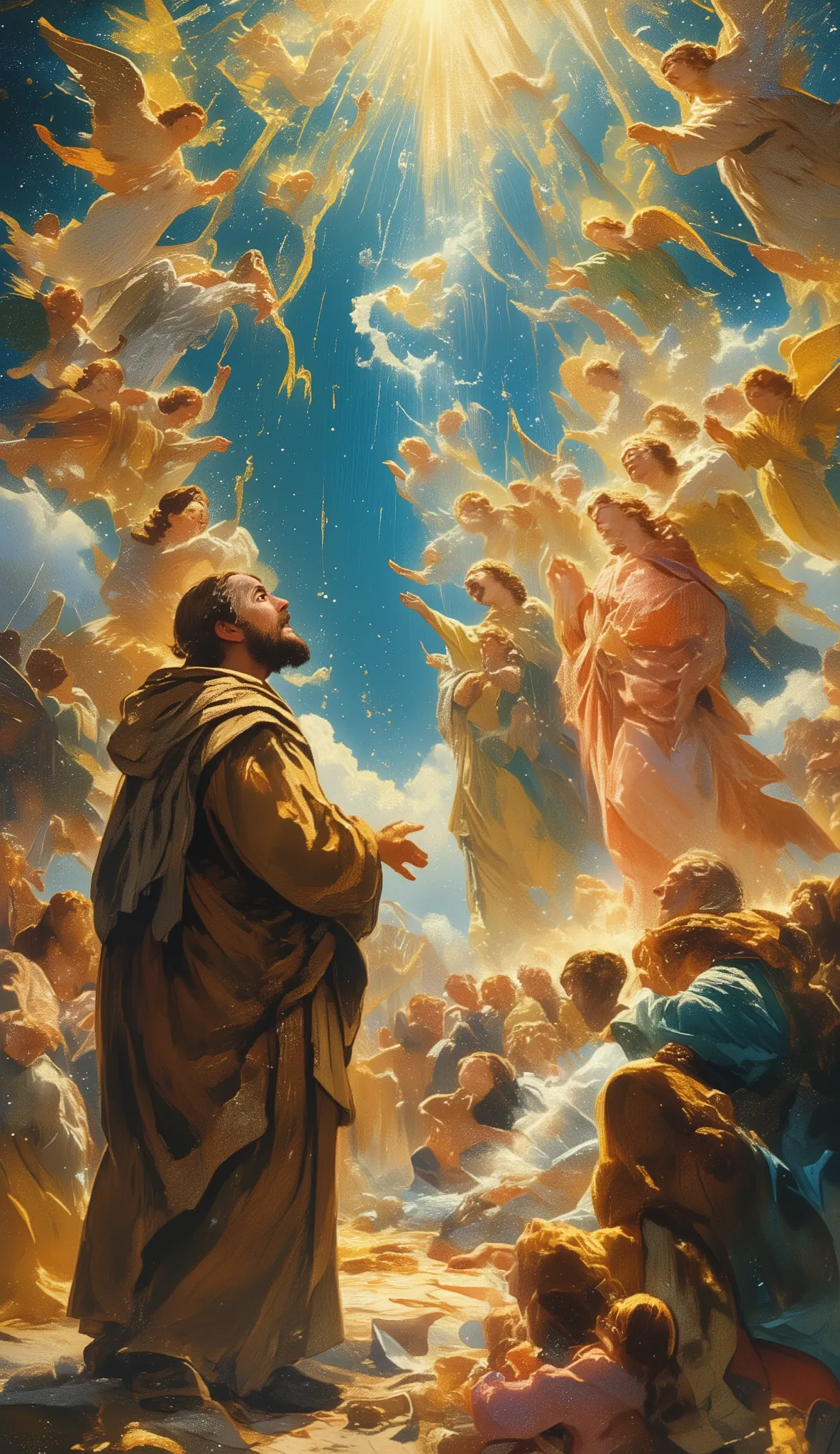 el greco, St. Francis, Angels and the Virgin Mary, clear sky, mystery, bands of light rising to the heavens, angels playing music