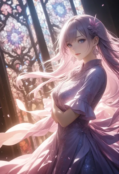 Favorite Magician, Long straight hair in pink and purple hues, design, Gently visible in the distance, Red dangling earrings, Standing pose with the body partially turned sideways, Intricate Red Ribbon Details, Smooth skin with a faint glow, In the sunlig...