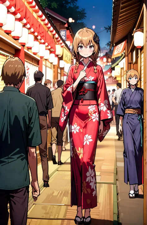Aisaka Taiga, brown hair, brown eyes in the bedroom,side lock,Short braids,flower hair ornament with ears,Black flower pattern kimono,smile,blush,mouth,standing,Light up fireworks,Red Lantern,Japanese stalls ,night,crowd,Beautiful Scenery,full bodyがイラストに入る...