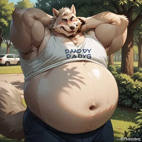 masterpiece, best quality, newest, absurdres, highres, highly detailed, cinematic, male, furry, anthro, , bara, big body, big muscles, old, mature, daddy, hefty, beard, grey fur, fluffy fur, blue eyes, blushing, surprised, small man feeding bigg man, embar...
