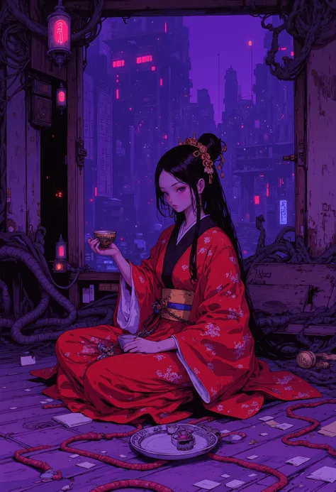 A cyberpunk-inspired oiran sits gracefully on a traditional tatami mat floor, surrounded by a dim, atmospheric glow in deep shades of purple and violet. Her kimono is a striking crimson red, standing out vividly against the cool-toned, futuristic backgroun...