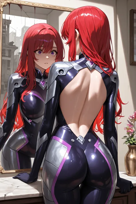 A red-haired woman in a cybernetic suit with long wavy red hair at the ends looking at herself in the mirror (her back is to the image) her armor is purple with neons across the armor in a shade of pink, in the reflection she sees herself but with a distu...