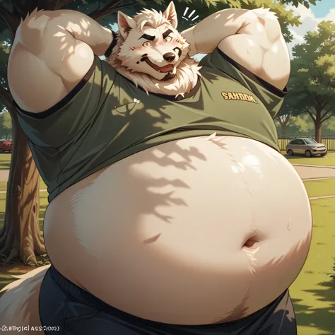 masterpiece, best quality, newest, absurdres, highres, highly detailed, cinematic, male, furry, anthro, , bara, big body, big muscles, old, mature, daddy, hefty, beard, grey fur, fluffy fur, gold eyes, blushing, surprised, small man feeding bigg man, embar...