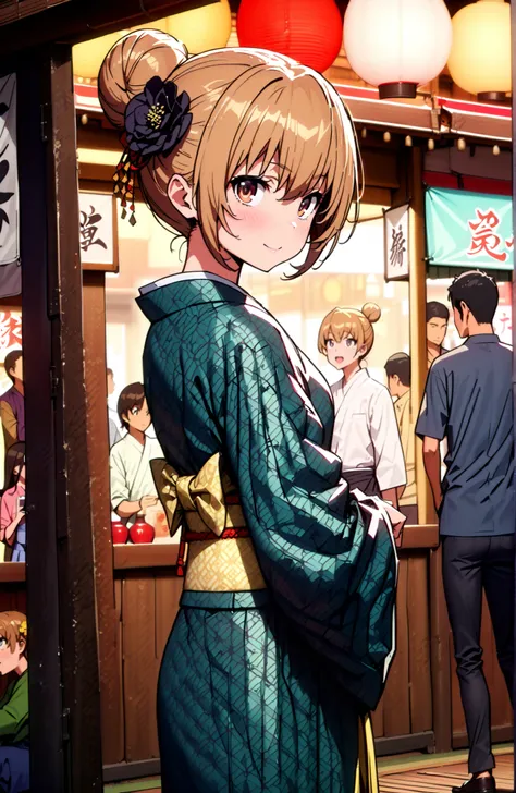 Aisaka Taiga, brown hair, brown eyes in the bedroom,side lock,single bun hair,Nape,flower hair ornament with ears,Black flower pattern kimono,smile,blush,mouth,standing,Light up fireworks,Red Lantern,Japanese stalls ,night,crowd,Beautiful Scenery,full body...