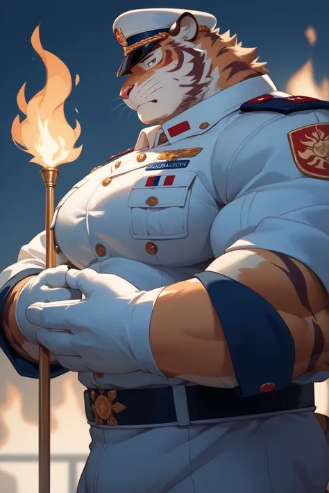 bad anatomy, bad hands ,extra digit, furry male tiger, muscle,huge pecs, flame,alchemist, train military uniform ,white military gloves