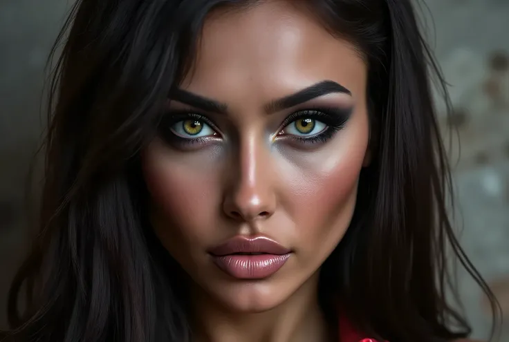 close up image of woman looking directly and intensely into the camera, her head slightly tilted down, intimidating, mischievous little smirk, piercing eyes, concrete background