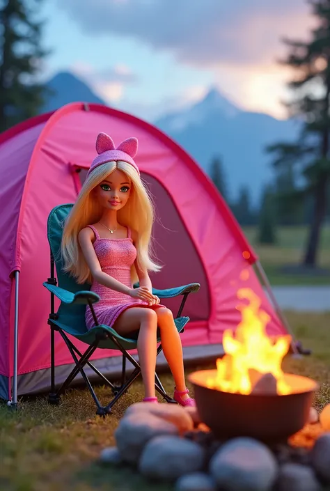 Create a vibrant scene featuring a Barbie doll camping in a picturesque landscape. She is sitting on a camping chair in front of a pink tent, enjoying a barbecue by a cozy campfire. The atmosphere should be lively and colorful, capturing the essence of a f...