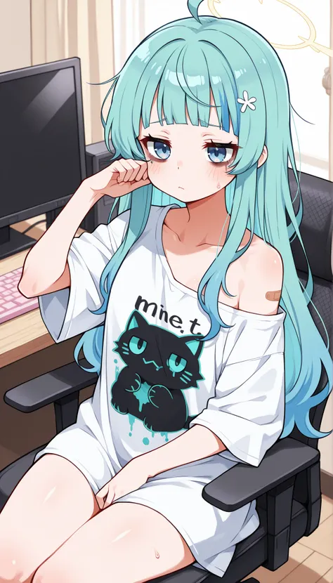Gamer girl. on the computer, mint-colored hair. tired look, bruises under the eyes, big t-shirt, the t-shirt falls off the shoulder, revealing the chest