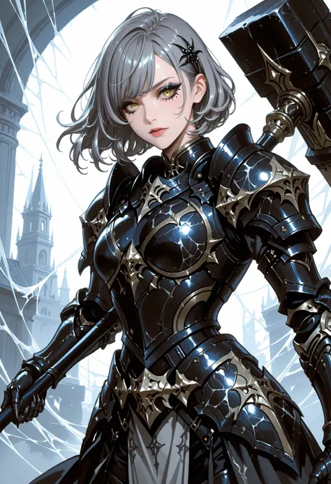 A woman in light armor. Grey hair. Short bob hair. Wavy hair. Spiky hair accessory. Yellow eyes. Spider web eyeshadow. Black armor. Spiky. Scorpion motif armor. Holding a weapon. Large hammer. Weapon hammer. Sharp claws. Armored arms. Asymmetrical hands. C...