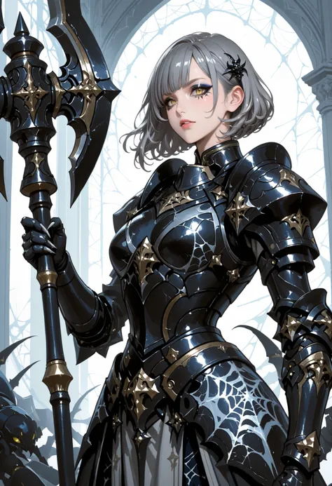 A woman in light armor. Grey hair. Short bob hair. Wavy hair. Spiky hair accessory. Yellow eyes. Spider web eyeshadow. Black armor. Spiky. Scorpion motif armor. Holding a weapon. Large hammer. Weapon hammer. Sharp claws. Armored arms. Asymmetrical hands. C...
