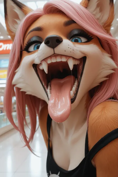 A hairy fox girl, animated comic style, an expression of a mischievous smile, attractive, cartoons, close up of her open mouth, sharp and pointed teeth, Long pink tongue hanging down one side of the mouth, blue eyes, long pink hair, in the mall, emo furry