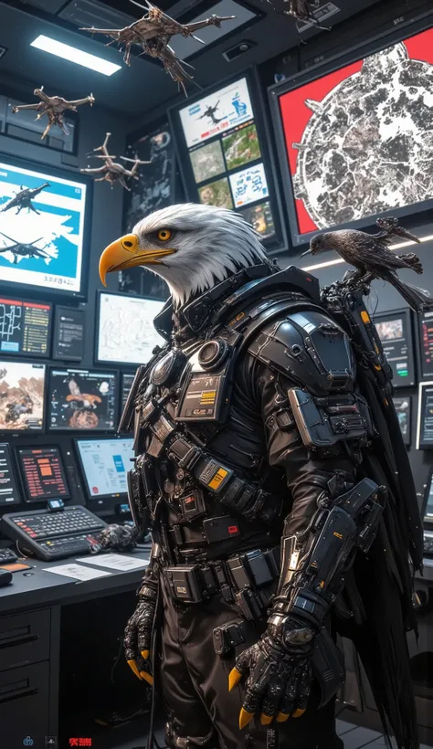 Eagle Drone Commander in War Room”
Vertical image of a giant eagle wearing high-tech commander gear, standing in a war command center with 3D maps, drones flying on monitors, and other birds as analysts. Sci-fi vibe.

