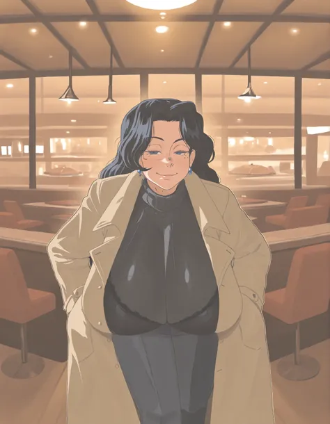 1girl, solo, mature woman, korean, half lidded eyes, black long hair, blue eyes, mole chin, normal face, gigantic breasts, bege trenchcoat, black turtleneck sweater, business pants, visible bra, dynamic pose, indoors, restaurant, night, warm theme, tilting...