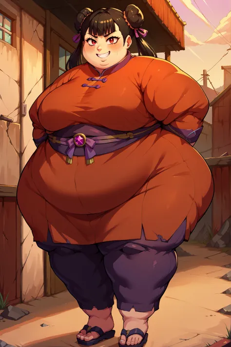 score_9, score_8_up, score_7_up, score_6_up, score_5_up, score_4_up, BREAK, source_anime,
1girl, black hair, blunt bangs, double bun, long hair, red eyes, twin tails, breasts
purple cheongsam, sandals, SSBBW, fat, 500 lbs.,
hands behind back, smile, full b...