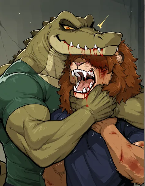Highly detailed digital vector cartoon illustration of a very angry and muscular anthropomorphic crocodile wearing a green sports t-shirt, aggressively grabbing and strangling the neck of a muscular anthropomorphic lion in a rather bright dark blue sports ...