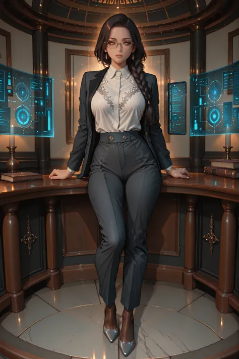 A graceful, elegant Latina woman with warm, rich brown skin stands confidently in a modern, minimalist data center that blends classic academic architecture with high-tech cyber elements. Her full body is visible, showcasing her slender figure with realist...
