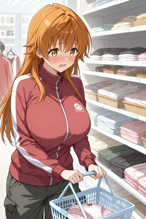 score_9, score_8_up, score_7_up,1 man,solo, 

rito_yuuki, Riko Yuusaki, yellow eyes, huge breast, long hair, 

black cargo pants, 
jacket, long sleeves, red white jacket, track jacket,

shopping, Go shopping for underwear, embarrassed, basket, Underwear se...