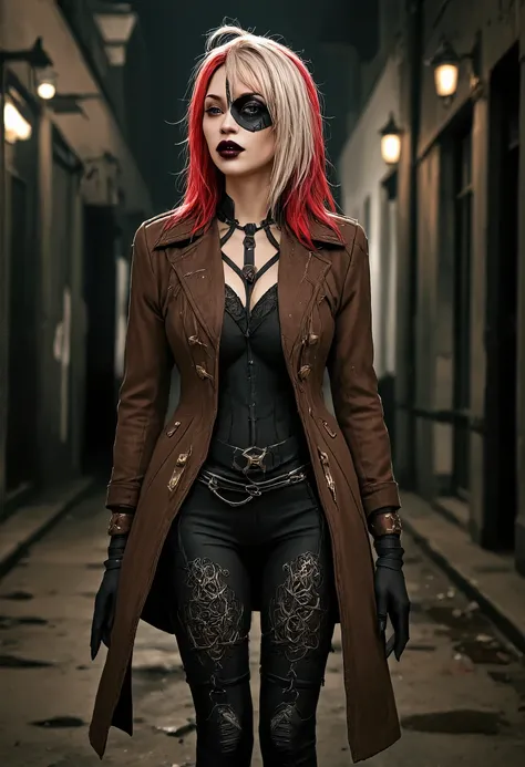 Rogue is a Gothic woman wearing a superhero gothic costume, Front strands of white hair, Redhead. She wears a brown leather jacket. back view. she stands in a street and turns to look at the viewer