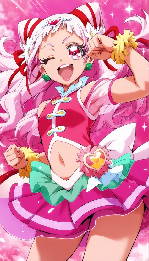 score_9, score_8_up, score_7_up,  cure yell,rouge lips, sparkles, glitters, multicolored background, shiny, glowing, lens flare, petals, pink background, pink theme, closed one eye, smile, raise up fist, hand on ship, cowboy shot ,from below ,open mouth