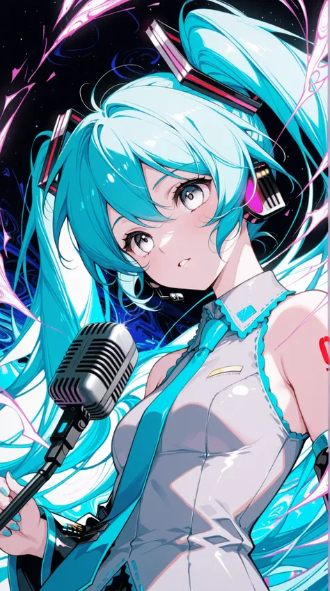 1 girl, Hatsune Miku, white eyes, Powerelements, microphone, Bright Blue Color Palette, abstract, abstract background, dreamy vibe, delicate linework , Fluttering Hair, energy,masterpiece,best quality,Great Quality,