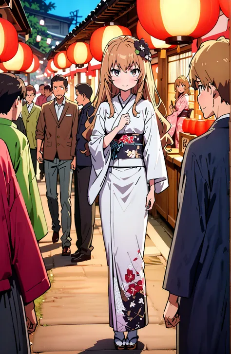 Aisaka Taiga, brown hair, brown eyes in the bedroom,flower hair ornament with ears,long hair,Black flower pattern kimono,smile,blush,mouth,standing,Light up fireworks,Red Lantern,Japanese stalls ,night,crowd,Beautiful Scenery,full bodyがイラストに入るように,in their ...