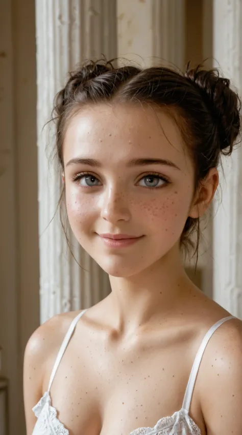 masterpiece, best quality, Great Quality, super realistic, Soft Lighting , freckles, messy bun, neutral makeup, beautiful face above the castle gate, detailed skin texture in one tape, Slight Smile, Shallow depth of field, Natural background