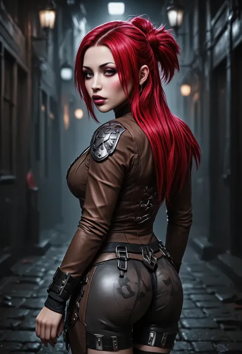 Rogue is a Gothic woman wearing a superhero gothic costume, Front strands of white hair, Redhead. She wears a brown leather jacket. back view. she stands in a street and turns to look at the viewer