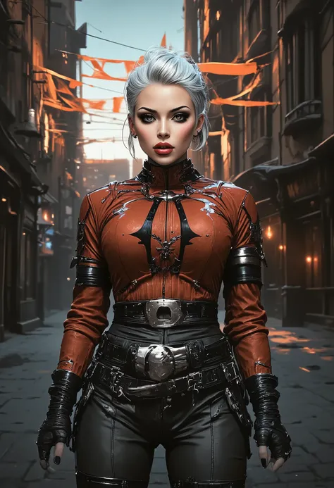 Rogue is a Gothic woman wearing a superhero gothic  costume, Front strands of white hair, Redhead. She wears a brown leather jacket. back view. she stands in a street and turns to look at the viewer
