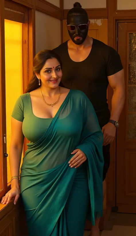 Vertical portrait composition, cinematic lighting, detailed background. A high-resolution, ultra-detailed painting in the style of renowned Indian artist Manimala. Set in a warmly lit, traditional Indian village bedroom during golden hour, a graceful, curv...