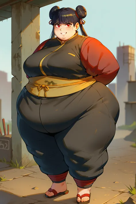 score_9, score_8_up, score_7_up, score_6_up, score_5_up, score_4_up, BREAK, source_anime,
1girl, black hair, blunt bangs, double bun, long hair, red eyes, twin tails, breasts
ninja, sandals, SSBBW, fat, 500 lbs.,
hands behind back, smile, full body, looki...