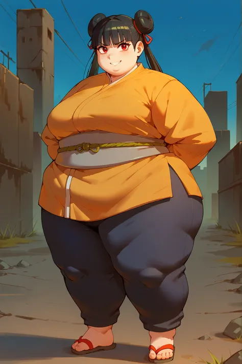 score_9, score_8_up, score_7_up, score_6_up, score_5_up, score_4_up, BREAK, source_anime,
1girl, black hair, blunt bangs, double bun, long hair, red eyes, twin tails, breasts
 ninja, sandals, SSBBW, fat, 500 lbs.,
hands behind back, smile, full body, looki...