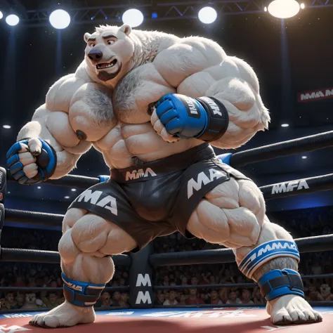 bara polar bear, strong physique, perfect anatomy, masterpiece, gray moustache and beard, wrinkles huge white fur, solo, great lighting, black MMA shorts with blue slits, MMA fingerless gloves with blue pads, ankle support foot wraps, MMA fighting tourname...