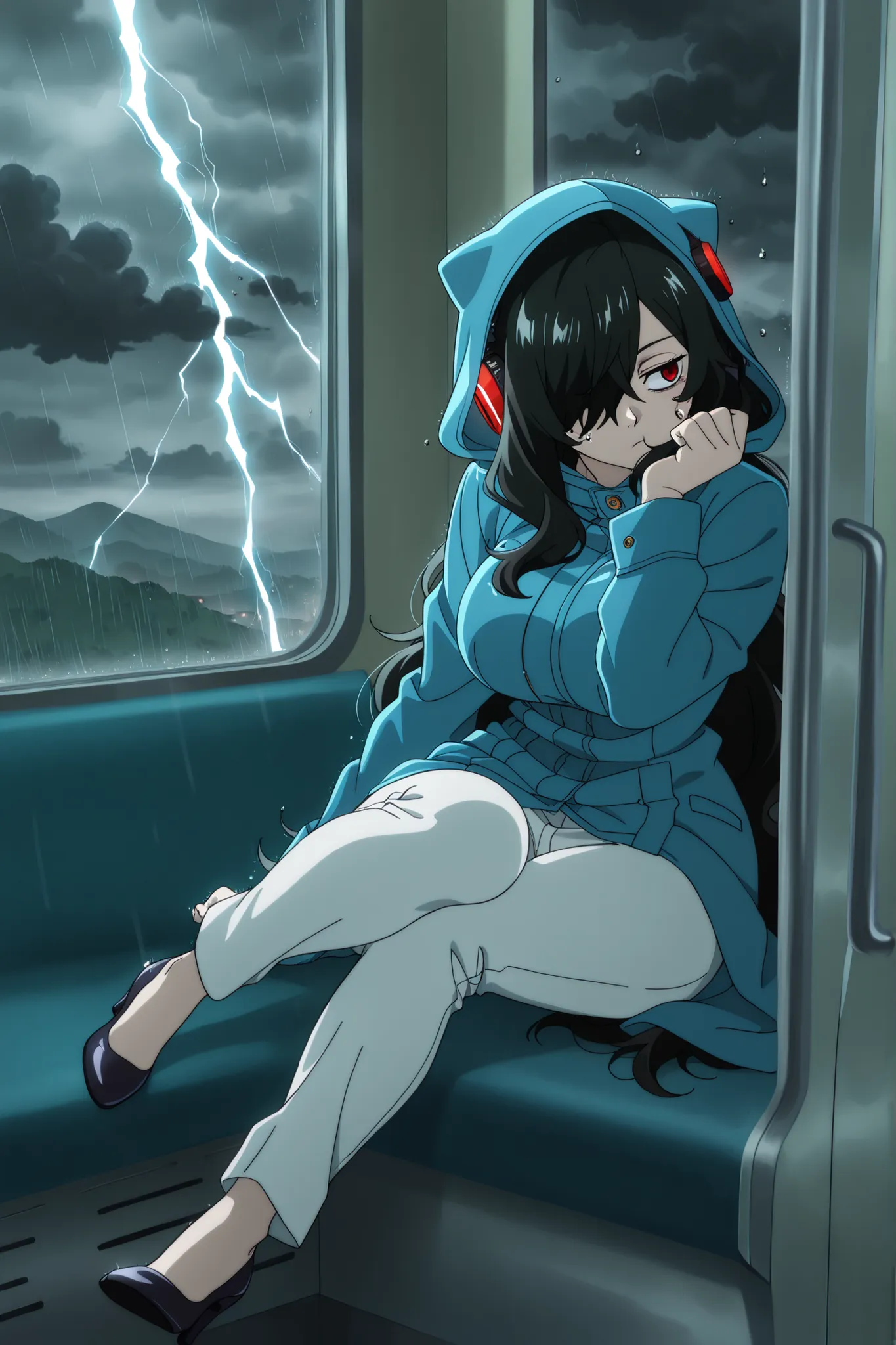 masterpiece, best quality, amazing quality, absurdres, safe, glittering, sparkle, dynamic shot, upper_body, anime screencap, official art, anime style, jujutsu kaisen screencap, 1girl, Kuroki Monika, black hair, very long hair, hair over right eye, red eye...
