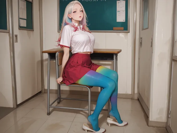 adult women, full body, sitting in a classroom, erotic, dynamic pose, red school uniform, (masterpiece, best quality), colorful pantyhose, vivid colors, shoe dangle:1.0, HDR, volumetric Lighting, classroom background, dynamic image,