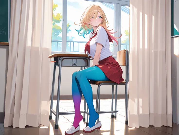 adult women, full body, sitting in a classroom, erotic, dynamic pose, red school uniform, (masterpiece, best quality), colorful pantyhose, colorful bodystocking, vivid colors, shoe dangle:1.0, HDR, volumetric Lighting, classroom background, dynamic image,