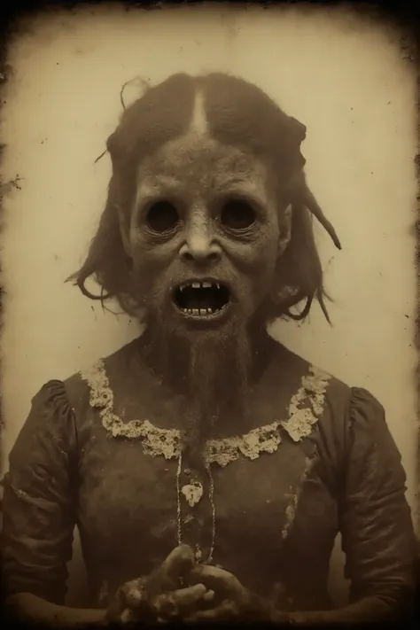 Daguerreotype photograph, tintype, 1885
Wired weirdcore, strange station, creepy creepstyle. Portrait of a young woman with no eyes. The photo is very old and is brown and yellowed with age. Scary and haunting. Ultra-realistic, photorealistic, portrait ph...