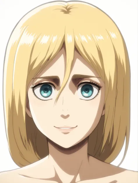 ((Historia Reiss)), blonde hair, ((blue eyes)), (4K eyes), (outermost edge of dark blue iris), eye glow, happy, smile, eyebrows, eyelashes, nose, detailed hair, (2D anime style), (((Attack on Titan anime style))), (high quality), ((detailed body)), ((desig...