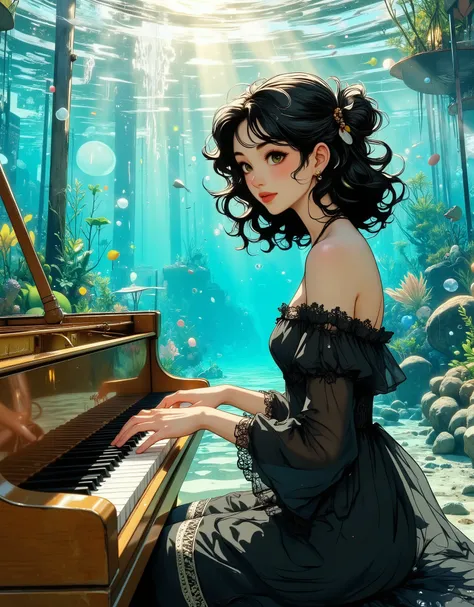 Underwater scene, age girl, playing grand piano. Submerged, young, Asian-inspired female figure, with shoulder-length, dark hair styled in a bun, and wearing a detailed, black, lace-trimmed dress. Her expression is focused and contemplative, hands deli...
