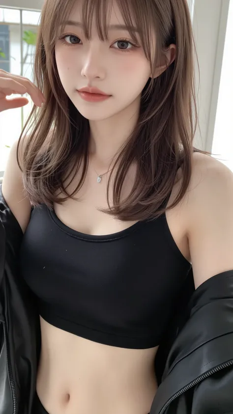 "Beautiful East Asian Girl Wearing a Short Black Jacket and Matching Mini Skirt, photorealistic style, Natural Volume and Layered Texture, Slightly Curled Ends, Full Bang Softly Covering the Forehead,  fair and smooth skin ,  long oval face , Slim jawline,...