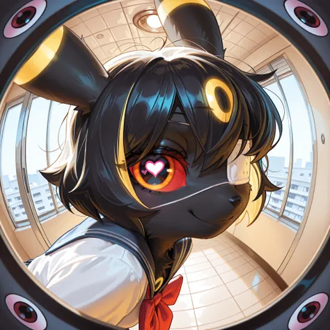 masterpiece, best quality, amazing quality, very aesthetic, high resolution, ultra-detailed, absurdres, newest, scenery, no lineart, cinematic, dynamic angle, solo, ambient lighting, 1girl, anthro, furry, fur, fluffy fur, umbreon girl, black hair (yellow h...