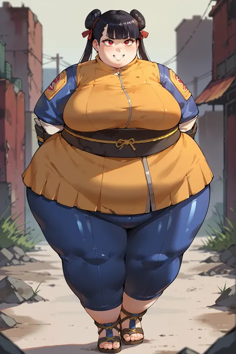score_9, score_8_up, score_7_up, score_6_up, score_5_up, score_4_up, BREAK, source_anime,
1girl, black hair, blunt bangs, double bun, long hair, red eyes, twin tails, breasts
 bodysuit, ninja, sandals, SSBBW, fat, 500 lbs.,
hands behind back, smile, full b...