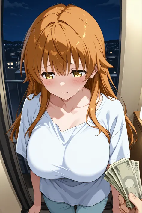 score_9, score_8_up, score_7_up,1 man,solo, 

rito_yuuki, Riko Yuusaki, yellow eyes, huge breast, long hair, 

black stand neck, Casual pants, oversized shirt outside the hotel, Show the hem,

Around town, in front of the store,night, troubled face, Worrie...